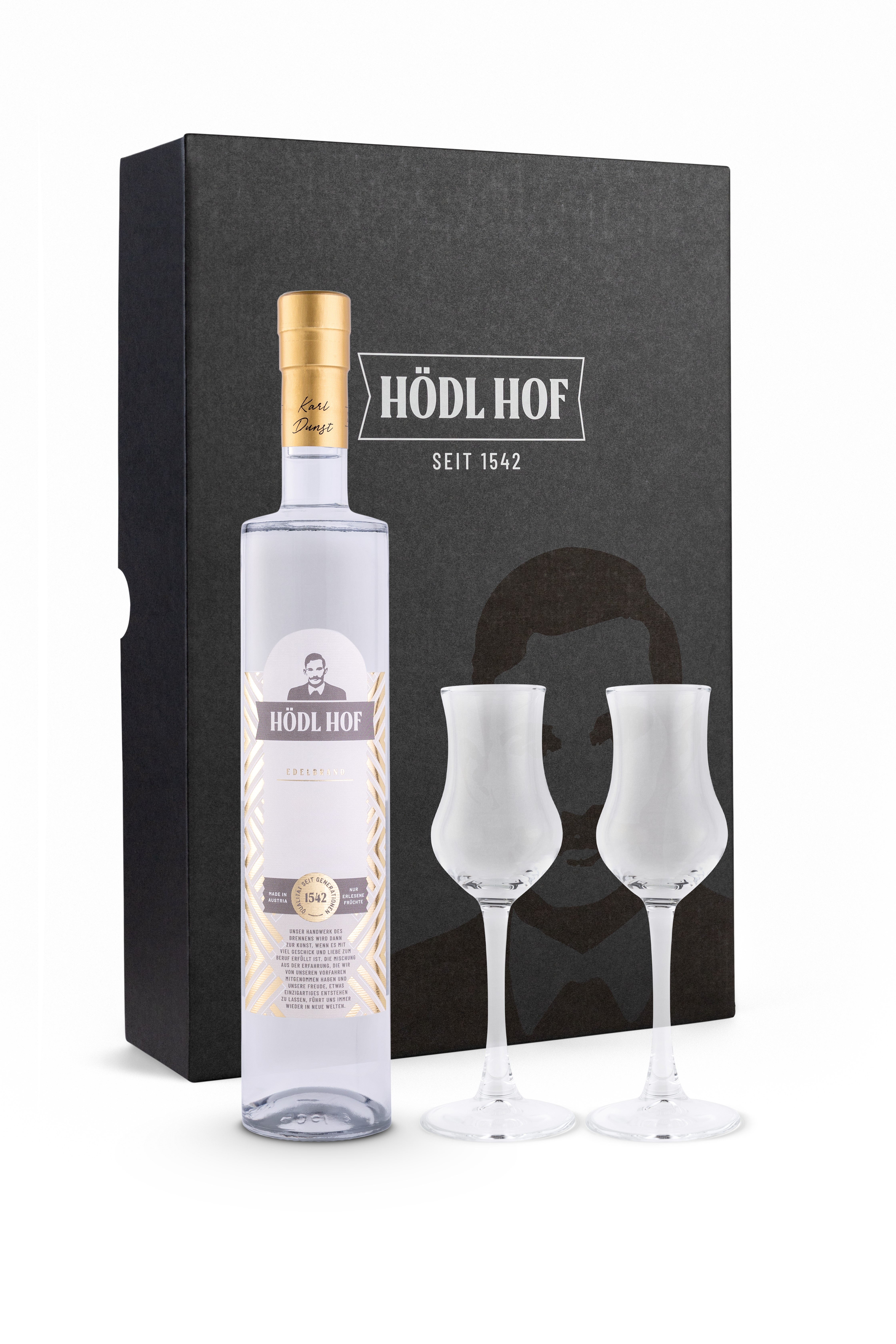 Edelbrand Geschenkset 0,5l mit 2 Edelbrandgläser 